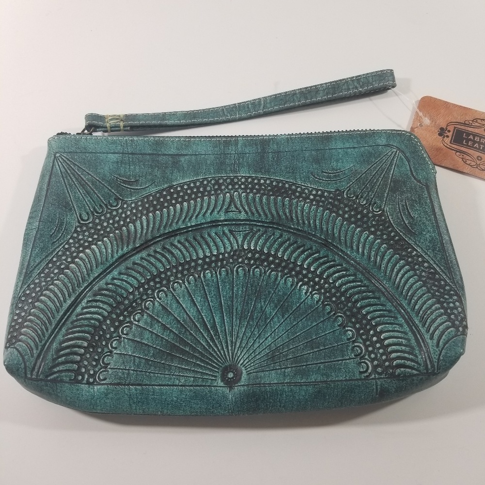 Labrado Handtooled Leather Teal Clutch Purse New